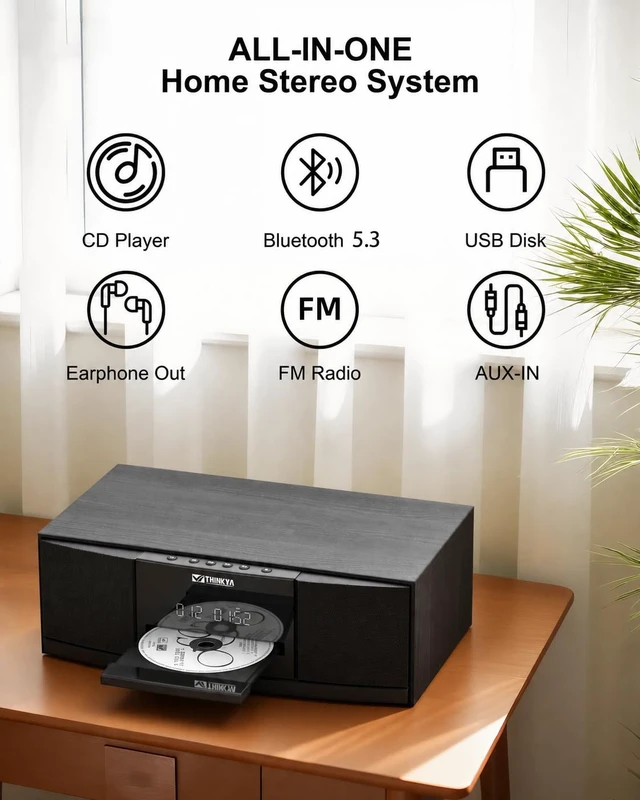 Alt view image 2 of 7 - Bluetooth Stereo System for Home with CD Player, FM Radio, 36W RMS Dual 3-Inch Speakers, Bluetooth 5.3, 40 FM Presets, LED Clock & Alarm, USB/SD Playback & AUX Input, IR Remote, Black Wood