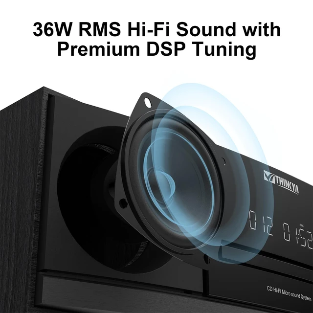 Alt view image 3 of 7 - Bluetooth Stereo System for Home with CD Player, FM Radio, 36W RMS Dual 3-Inch Speakers, Bluetooth 5.3, 40 FM Presets, LED Clock & Alarm, USB/SD Playback & AUX Input, IR Remote, Black Wood