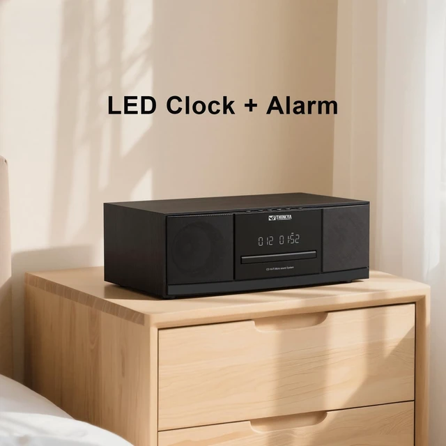 Alt view image 4 of 7 - Bluetooth Stereo System for Home with CD Player, FM Radio, 36W RMS Dual 3-Inch Speakers, Bluetooth 5.3, 40 FM Presets, LED Clock & Alarm, USB/SD Playback & AUX Input, IR Remote, Black Wood