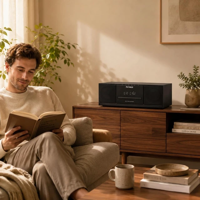 Alt view image 7 of 7 - Bluetooth Stereo System for Home with CD Player, FM Radio, 36W RMS Dual 3-Inch Speakers, Bluetooth 5.3, 40 FM Presets, LED Clock & Alarm, USB/SD Playback & AUX Input, IR Remote, Black Wood