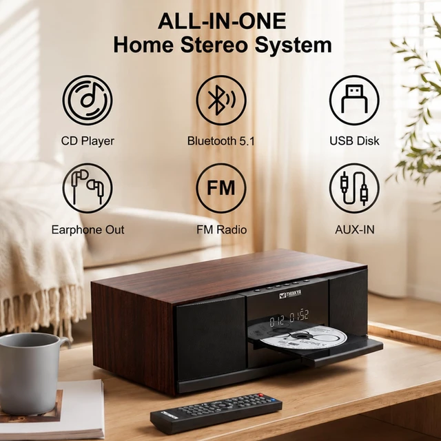 Alt view image 2 of 7 - Bluetooth Stereo System for Home with CD Player, FM Radio, 36W RMS Dual 3-Inch Speakers, Bluetooth 5.3, 40 FM Presets, LED Clock & Alarm, USB/SD Playback & AUX Input, IR Remote, Black Wood