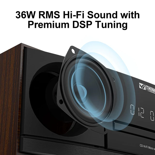 Alt view image 3 of 7 - Bluetooth Stereo System for Home with CD Player, FM Radio, 36W RMS Dual 3-Inch Speakers, Bluetooth 5.3, 40 FM Presets, LED Clock & Alarm, USB/SD Playback & AUX Input, IR Remote, Black Wood