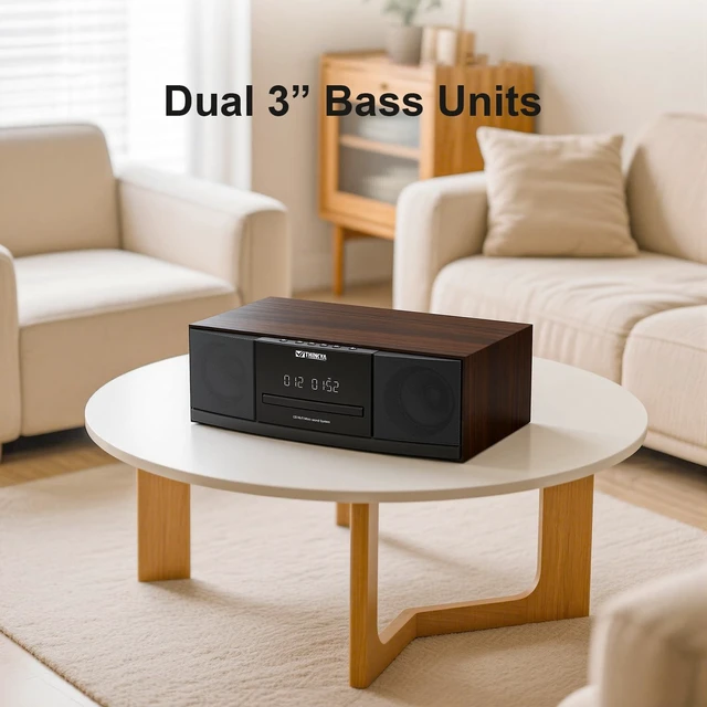 Alt view image 4 of 7 - Bluetooth Stereo System for Home with CD Player, FM Radio, 36W RMS Dual 3-Inch Speakers, Bluetooth 5.3, 40 FM Presets, LED Clock & Alarm, USB/SD Playback & AUX Input, IR Remote, Black Wood