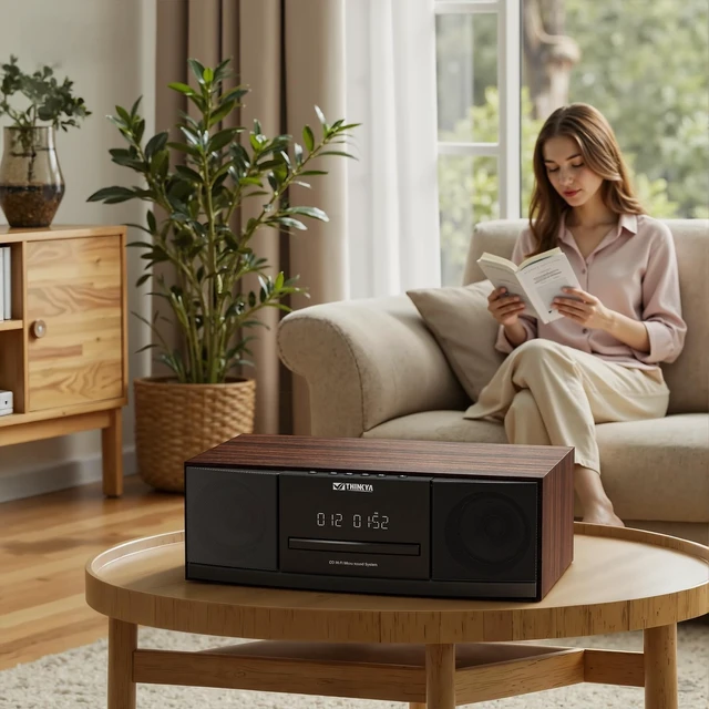 Alt view image 7 of 7 - Bluetooth Stereo System for Home with CD Player, FM Radio, 36W RMS Dual 3-Inch Speakers, Bluetooth 5.3, 40 FM Presets, LED Clock & Alarm, USB/SD Playback & AUX Input, IR Remote, Black Wood