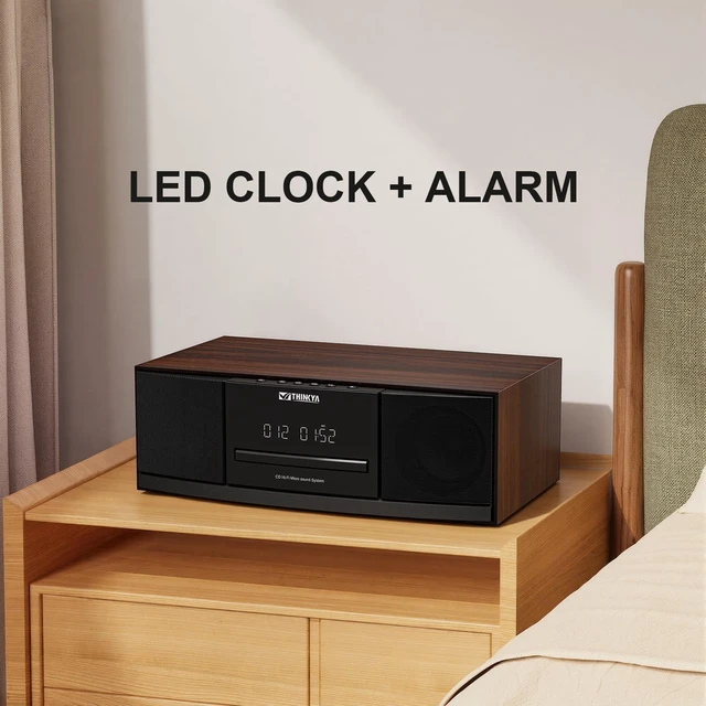 Alt view image 5 of 7 - Bluetooth Stereo System for Home with CD Player, FM Radio, 36W RMS Dual 3-Inch Speakers, Bluetooth 5.3, 40 FM Presets, LED Clock & Alarm, USB/SD Playback & AUX Input, IR Remote, Black Wood