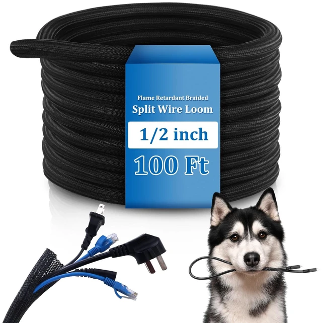 Main image of 100 ft Split Wire Loom Tubing Cable Sleeve Cord Protector, 1/2 Inch Flame Retardant, High Temperature Automotive Harness, Industrial Electrical Tinsel Marine USB Cable Power Cord Management