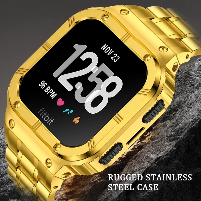 Alt view image 2 of 6 - Stainless Steel Watch Band with Case Compatible for Fitbit Versa/Fitbit Sense Bands, Rugged Protective Bumper Metal Wristbands for Men Women