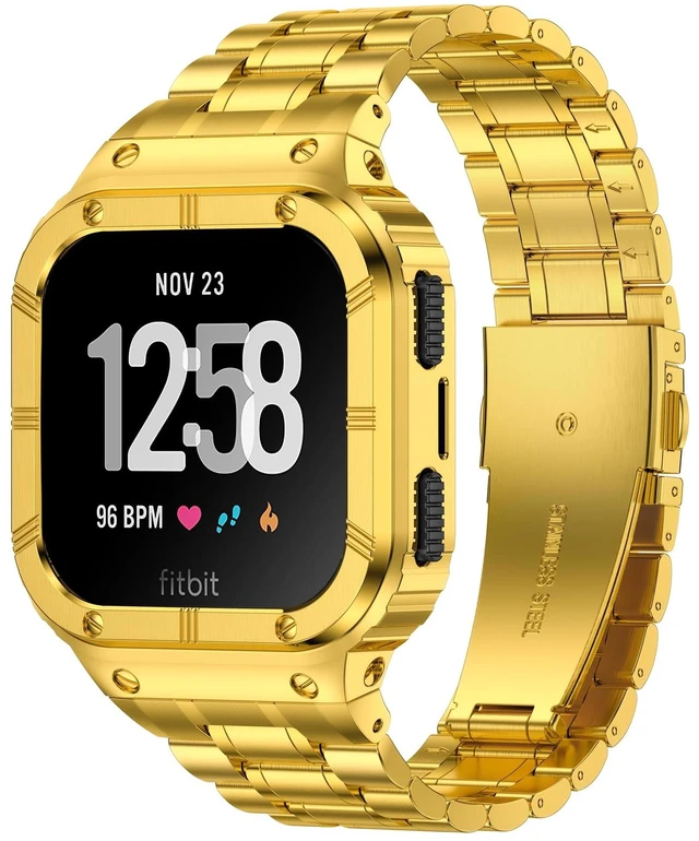 Main image of Stainless Steel Watch Band with Case Compatible for Fitbit Versa/Fitbit Sense Bands, Rugged Protective Bumper Metal Wristbands for Men Women