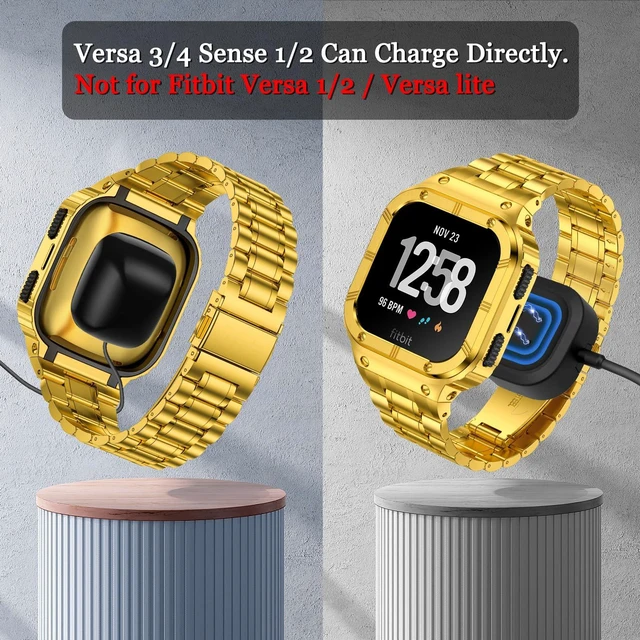 Alt view image 4 of 6 - Stainless Steel Watch Band with Case Compatible for Fitbit Versa/Fitbit Sense Bands, Rugged Protective Bumper Metal Wristbands for Men Women