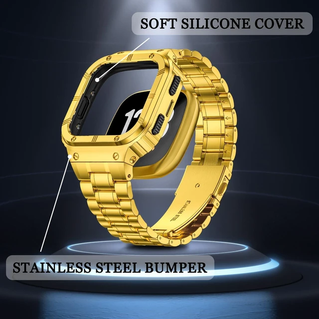 Alt view image 3 of 6 - Stainless Steel Watch Band with Case Compatible for Fitbit Versa/Fitbit Sense Bands, Rugged Protective Bumper Metal Wristbands for Men Women