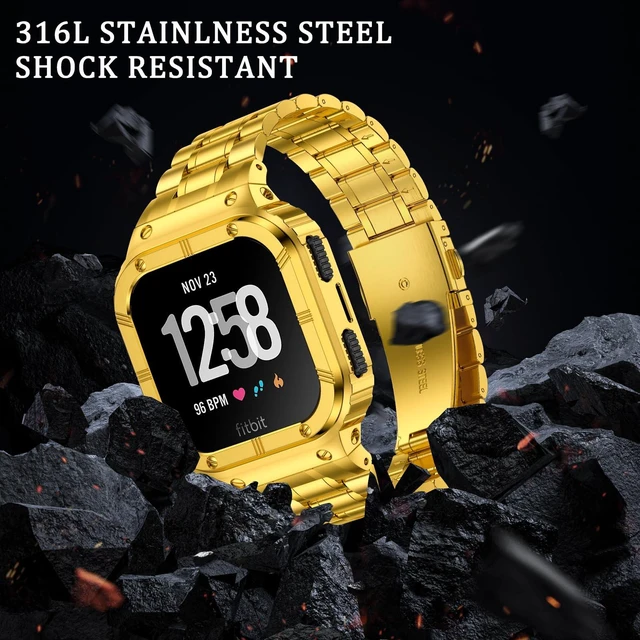 Alt view image 5 of 6 - Stainless Steel Watch Band with Case Compatible for Fitbit Versa/Fitbit Sense Bands, Rugged Protective Bumper Metal Wristbands for Men Women