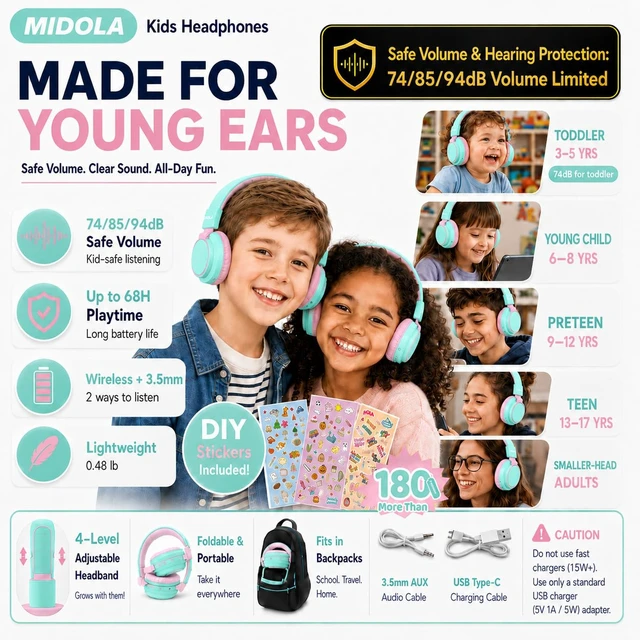 Alt view image 2 of 7 - Kids Bluetooth Headphones Wireless Over-Ear,68Hrs,Volume Limit 85/94dB Cyan Built-in Mic,Adjustable Headband Foldable Lightweight for Toddler School Girls Boys,Stereo Sound,Wired by Aux 3.5mm Black
