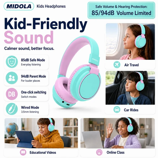 Alt view image 3 of 7 - Kids Bluetooth Headphones Wireless Over-Ear,68Hrs,Volume Limit 85/94dB Cyan Built-in Mic,Adjustable Headband Foldable Lightweight for Toddler School Girls Boys,Stereo Sound,Wired by Aux 3.5mm Black