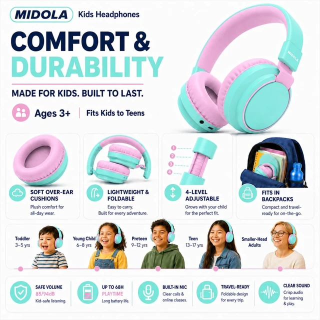 Alt view image 4 of 7 - Kids Bluetooth Headphones Wireless Over-Ear,68Hrs,Volume Limit 85/94dB Cyan Built-in Mic,Adjustable Headband Foldable Lightweight for Toddler School Girls Boys,Stereo Sound,Wired by Aux 3.5mm Black