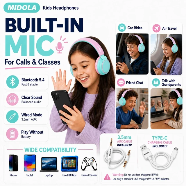 Alt view image 5 of 7 - Kids Bluetooth Headphones Wireless Over-Ear,68Hrs,Volume Limit 85/94dB Cyan Built-in Mic,Adjustable Headband Foldable Lightweight for Toddler School Girls Boys,Stereo Sound,Wired by Aux 3.5mm Black