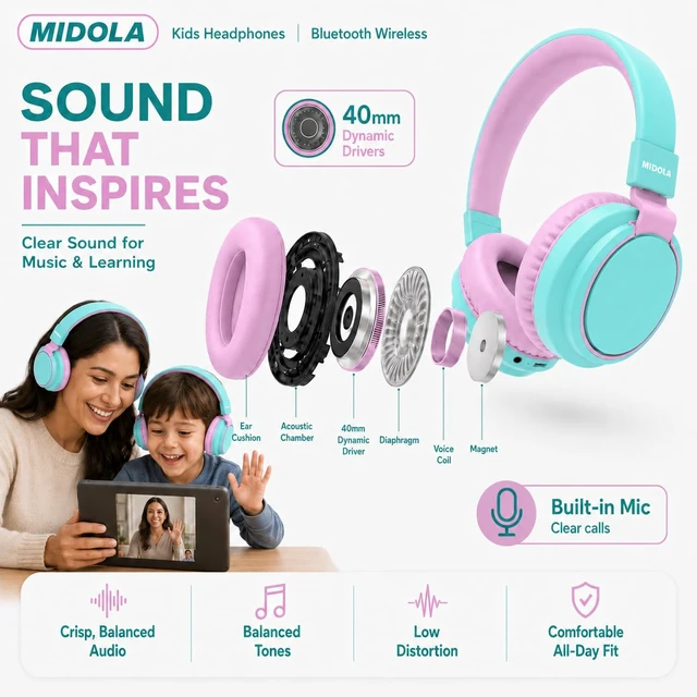 Alt view image 7 of 7 - Kids Bluetooth Headphones Wireless Over-Ear,68Hrs,Volume Limit 85/94dB Cyan Built-in Mic,Adjustable Headband Foldable Lightweight for Toddler School Girls Boys,Stereo Sound,Wired by Aux 3.5mm Black