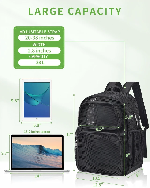 Alt view image 2 of 7 - Mesh Backpack, 28L Heavy Duty Large Capacity Beach Bag, Black Padded Strap Breathable Bookbag, Dual Front Pockets for Travel, Beach, Hiking, Swimming, Sports, College Rucksack Men Women