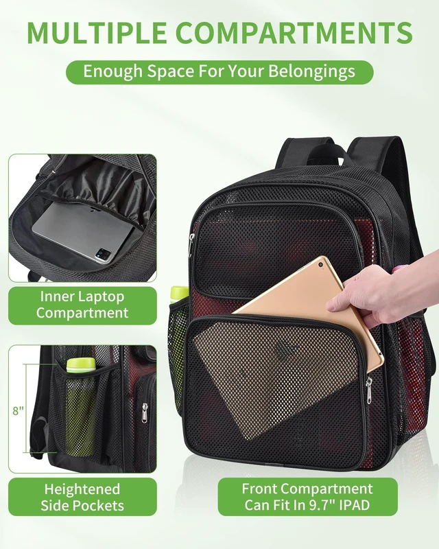 Alt view image 3 of 7 - Mesh Backpack, 28L Heavy Duty Large Capacity Beach Bag, Black Padded Strap Breathable Bookbag, Dual Front Pockets for Travel, Beach, Hiking, Swimming, Sports, College Rucksack Men Women