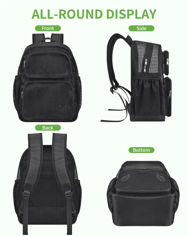 Alt view image 6 of 7 - Mesh Backpack, 28L Heavy Duty Large Capacity Beach Bag, Black Padded Strap Breathable Bookbag, Dual Front Pockets for Travel, Beach, Hiking, Swimming, Sports, College Rucksack Men Women