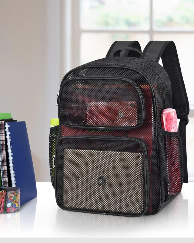 Alt view image 7 of 7 - Mesh Backpack, 28L Heavy Duty Large Capacity Beach Bag, Black Padded Strap Breathable Bookbag, Dual Front Pockets for Travel, Beach, Hiking, Swimming, Sports, College Rucksack Men Women