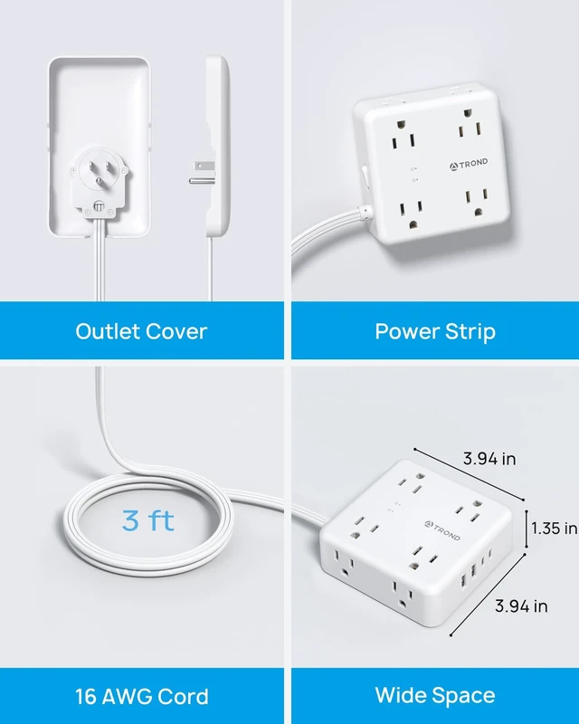 Alt view image 6 of 7 - Flat Outlet Cover Extender, 3FT Short Extension Cord with 8 Outlets Ultra Thin Power Strip Cord Concealer with 4 USB Ports, 1700 Surge Protector, Idea for Home Improvement to Hide TV Messy Cord