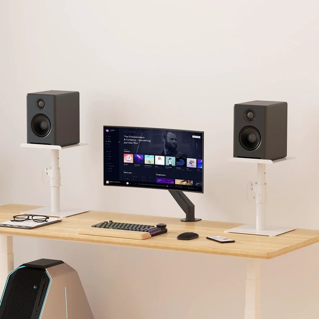 Alt view image 2 of 7 - Free-Standing Speaker Stand Desktop Set, 9.6 x 8.8 inch Trays, Height Adjustment and Tilt, Universal Audio Holders for Computer and Bookshelf Speakers, Elevated Sound, 2 Pack, White, SDM001TW