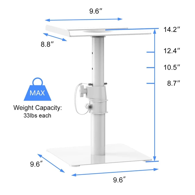 Alt view image 3 of 7 - Free-Standing Speaker Stand Desktop Set, 9.6 x 8.8 inch Trays, Height Adjustment and Tilt, Universal Audio Holders for Computer and Bookshelf Speakers, Elevated Sound, 2 Pack, White, SDM001TW