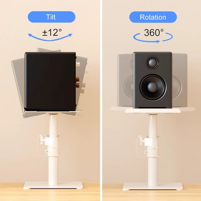 Alt view image 4 of 7 - Free-Standing Speaker Stand Desktop Set, 9.6 x 8.8 inch Trays, Height Adjustment and Tilt, Universal Audio Holders for Computer and Bookshelf Speakers, Elevated Sound, 2 Pack, White, SDM001TW