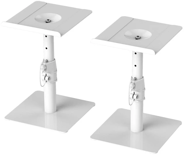 Main image of Free-Standing Speaker Stand Desktop Set, 9.6 x 8.8 inch Trays, Height Adjustment and Tilt, Universal Audio Holders for Computer and Bookshelf Speakers, Elevated Sound, 2 Pack, White, SDM001TW