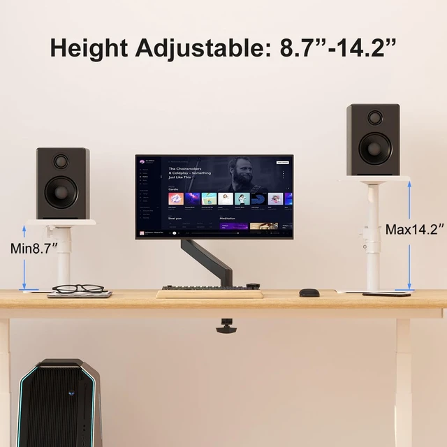 Alt view image 5 of 7 - Free-Standing Speaker Stand Desktop Set, 9.6 x 8.8 inch Trays, Height Adjustment and Tilt, Universal Audio Holders for Computer and Bookshelf Speakers, Elevated Sound, 2 Pack, White, SDM001TW