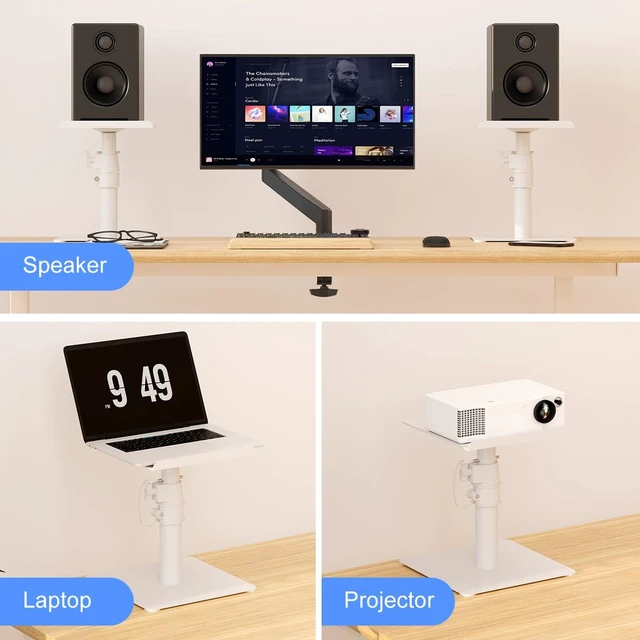 Alt view image 6 of 7 - Free-Standing Speaker Stand Desktop Set, 9.6 x 8.8 inch Trays, Height Adjustment and Tilt, Universal Audio Holders for Computer and Bookshelf Speakers, Elevated Sound, 2 Pack, White, SDM001TW