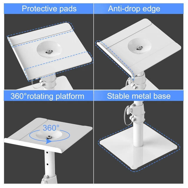 Alt view image 7 of 7 - Free-Standing Speaker Stand Desktop Set, 9.6 x 8.8 inch Trays, Height Adjustment and Tilt, Universal Audio Holders for Computer and Bookshelf Speakers, Elevated Sound, 2 Pack, White, SDM001TW