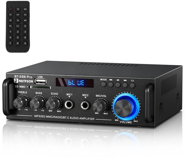 Main image of Bluetooth Stereo Receiver& Amplifier2CH RMS 50W x 2 (Peak 400W) Home Audio Amp with FM Radio,USB/SD Inputs Remote Control, Wireless Power Amplifier for Karaoke,Garage &Outdoor Speakers