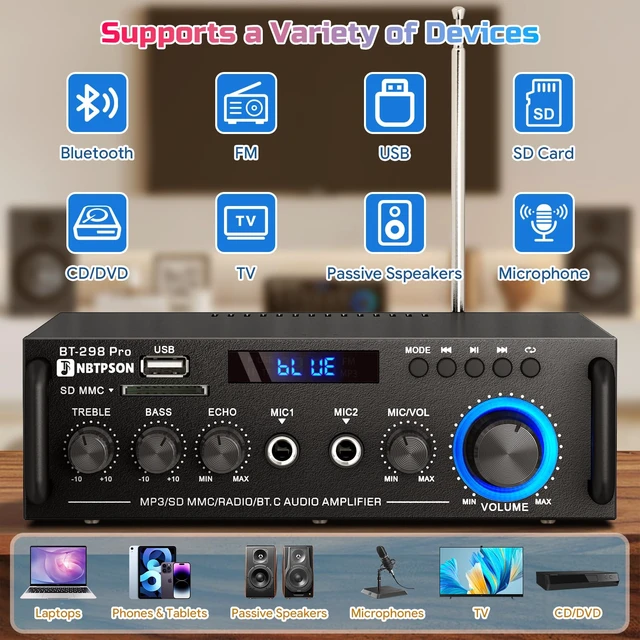 Alt view image 2 of 7 - Bluetooth Stereo Receiver& Amplifier2CH RMS 50W x 2 (Peak 400W) Home Audio Amp with FM Radio,USB/SD Inputs Remote Control, Wireless Power Amplifier for Karaoke,Garage &Outdoor Speakers