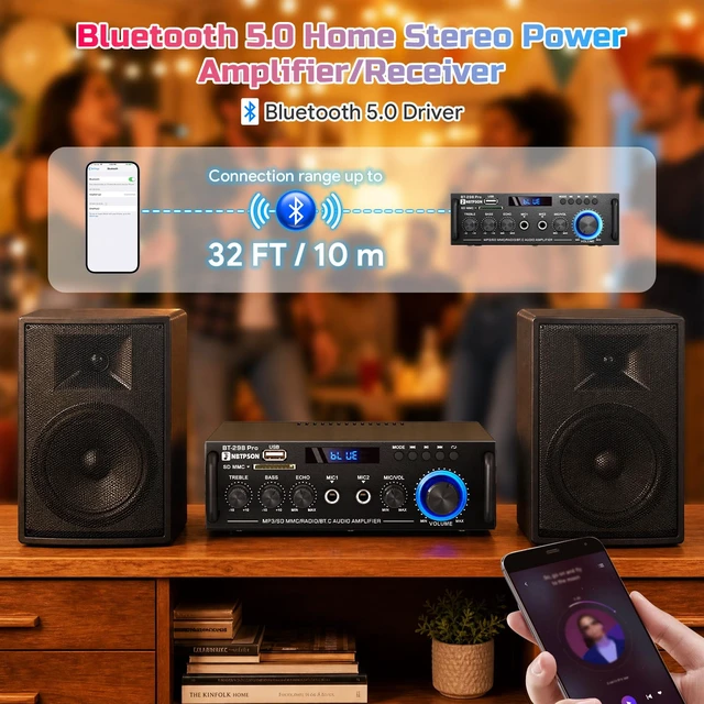 Alt view image 4 of 7 - Bluetooth Stereo Receiver& Amplifier2CH RMS 50W x 2 (Peak 400W) Home Audio Amp with FM Radio,USB/SD Inputs Remote Control, Wireless Power Amplifier for Karaoke,Garage &Outdoor Speakers