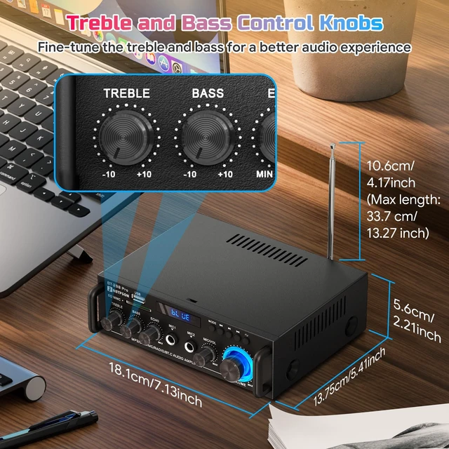 Alt view image 6 of 7 - Bluetooth Stereo Receiver& Amplifier2CH RMS 50W x 2 (Peak 400W) Home Audio Amp with FM Radio,USB/SD Inputs Remote Control, Wireless Power Amplifier for Karaoke,Garage &Outdoor Speakers