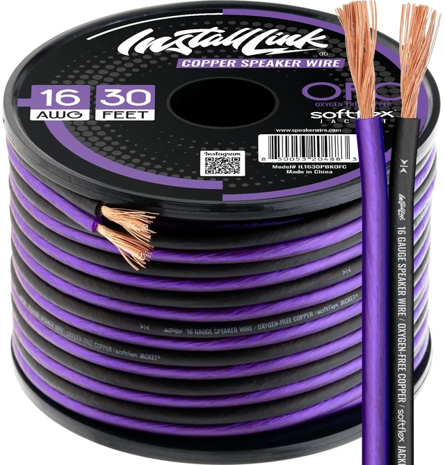 Main image of 16 AWG Gauge Speaker Wire (30 Feet) Car or Home Theater (OFC) Pure OFC Copper, 16/2 Speaker Cable, 2-Conductor, Frosted Purple/Black, Easy Strip, Polarity ID, for Car Audio & Home Stereo