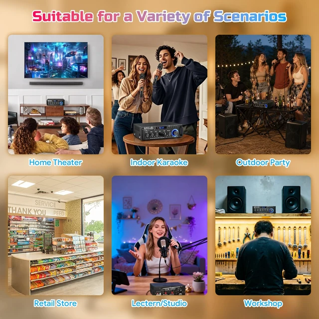 Alt view image 7 of 7 - Bluetooth Stereo Receiver& Amplifier2CH RMS 50W x 2 (Peak 400W) Home Audio Amp with FM Radio,USB/SD Inputs Remote Control, Wireless Power Amplifier for Karaoke,Garage &Outdoor Speakers
