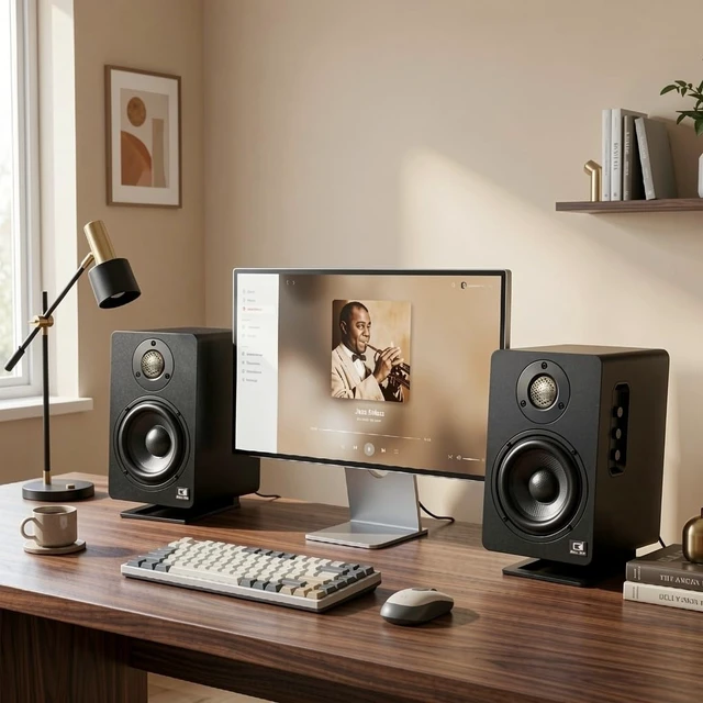 Alt view image 7 of 7 - H3 Powered Bluetooth Bookshelf Speakers, 100W Carbon Fiber Woofer, Silk-Dome Tweeter, 24-Bit Optical/USB-C DAC/AUX, PC/Computer/Turntable/Record Player/TV Compatible