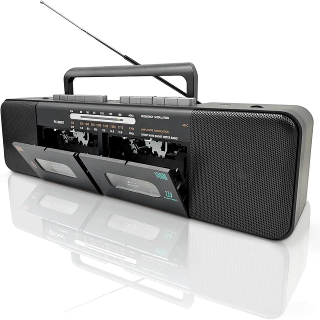 Main image of Retro Boombox with Dual Cassette Player, 7200mAh Battery, Bluetooth & 4-Band Radio (AM/FM/SW) Convert Tape to MP3 via USB, Tape Recorder & Headphone Jack for Home & Outdoor