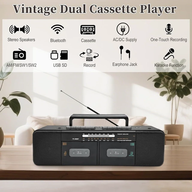 Alt view image 2 of 7 - Retro Boombox with Dual Cassette Player, 7200mAh Battery, Bluetooth & 4-Band Radio (AM/FM/SW) Convert Tape to MP3 via USB, Tape Recorder & Headphone Jack for Home & Outdoor