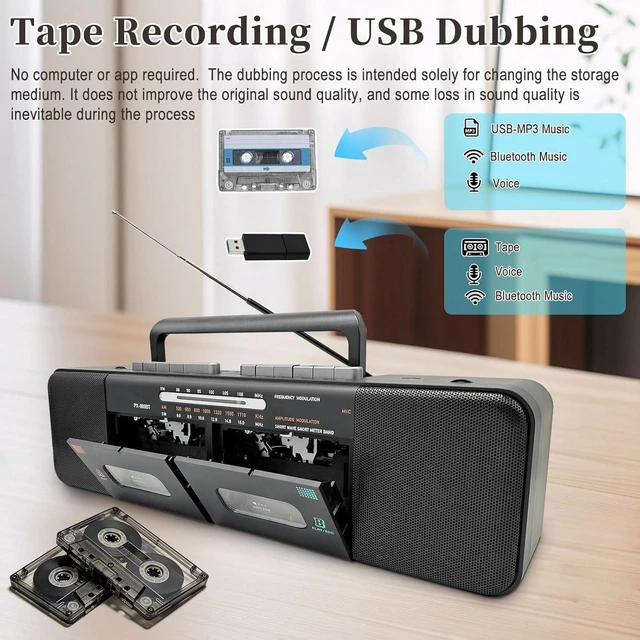 Alt view image 3 of 7 - Retro Boombox with Dual Cassette Player, 7200mAh Battery, Bluetooth & 4-Band Radio (AM/FM/SW) Convert Tape to MP3 via USB, Tape Recorder & Headphone Jack for Home & Outdoor