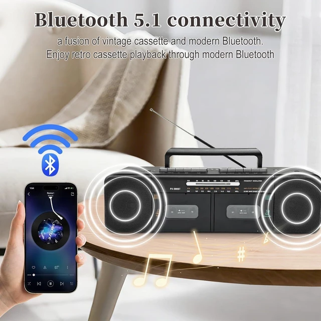 Alt view image 4 of 7 - Retro Boombox with Dual Cassette Player, 7200mAh Battery, Bluetooth & 4-Band Radio (AM/FM/SW) Convert Tape to MP3 via USB, Tape Recorder & Headphone Jack for Home & Outdoor