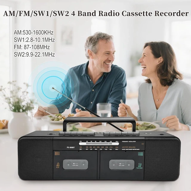 Alt view image 5 of 7 - Retro Boombox with Dual Cassette Player, 7200mAh Battery, Bluetooth & 4-Band Radio (AM/FM/SW) Convert Tape to MP3 via USB, Tape Recorder & Headphone Jack for Home & Outdoor