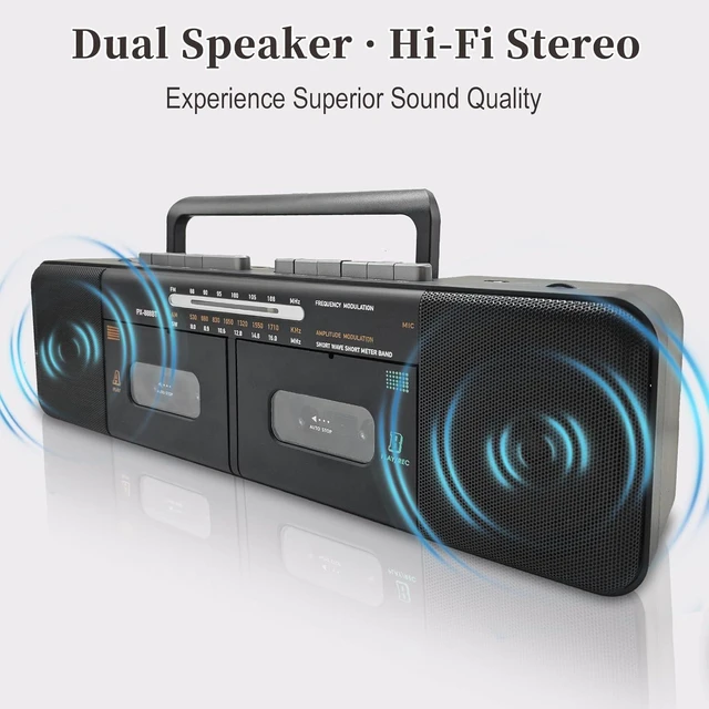 Alt view image 6 of 7 - Retro Boombox with Dual Cassette Player, 7200mAh Battery, Bluetooth & 4-Band Radio (AM/FM/SW) Convert Tape to MP3 via USB, Tape Recorder & Headphone Jack for Home & Outdoor