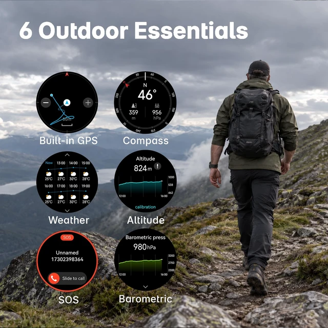 Alt view image 3 of 7 - M6 GPS Rugged Smart Watch for Men, 50mm, MIL-STD-810H Tested 3 bands, 24-hrs continuous GPS, ABC sensors, 15-day battery, 5ATM waterproof, 1.43" AMOLED, 178 sport modes