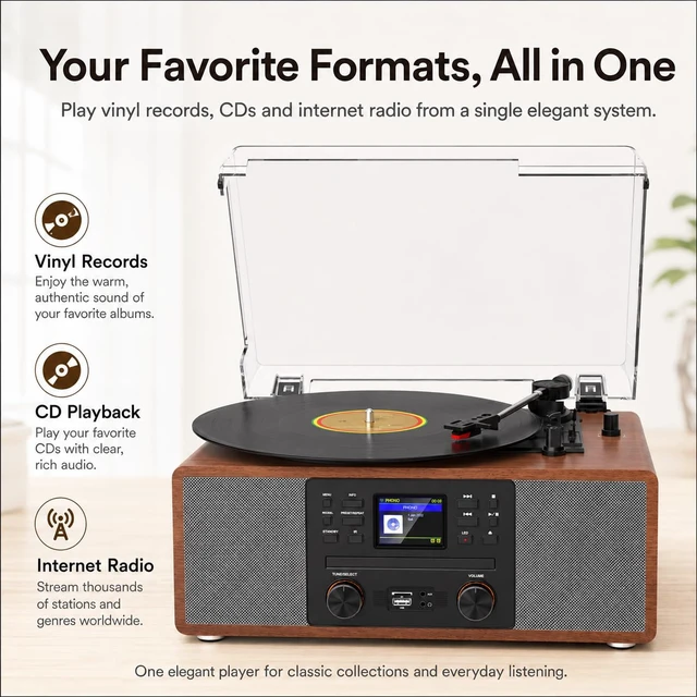 Alt view image 2 of 7 - All-in-One Record Player with CD Player, Internet Radio, Walnut 3-speed auto stop, Bluetooth in, USB/SD recording, RCA/AUX, pitch & bass/treble control, alarm, remote, décor gift for home
