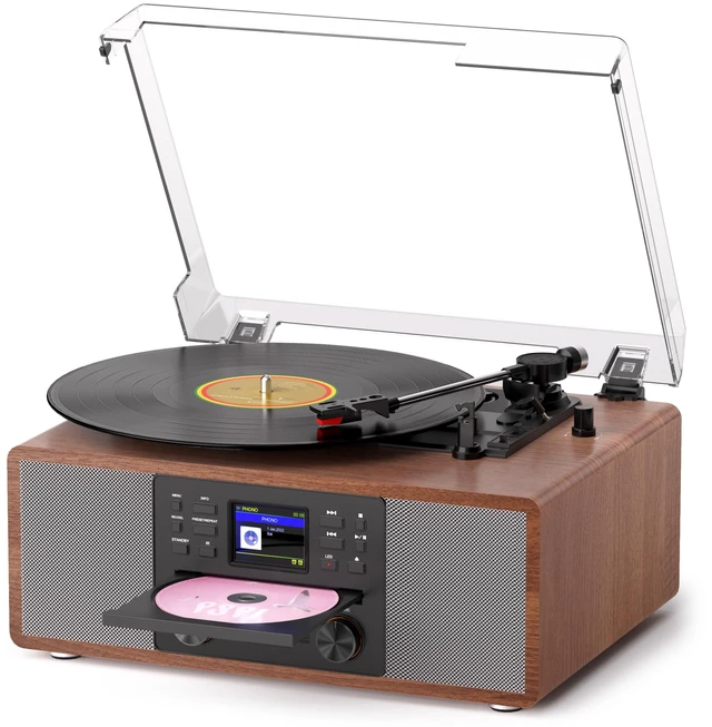 Main image of All-in-One Record Player with CD Player, Internet Radio, Walnut 3-speed auto stop, Bluetooth in, USB/SD recording, RCA/AUX, pitch & bass/treble control, alarm, remote, décor gift for home