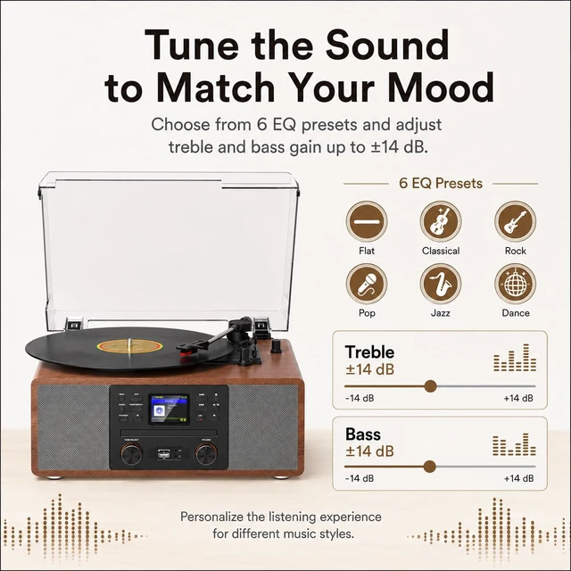 Alt view image 3 of 7 - All-in-One Record Player with CD Player, Internet Radio, Walnut 3-speed auto stop, Bluetooth in, USB/SD recording, RCA/AUX, pitch & bass/treble control, alarm, remote, décor gift for home