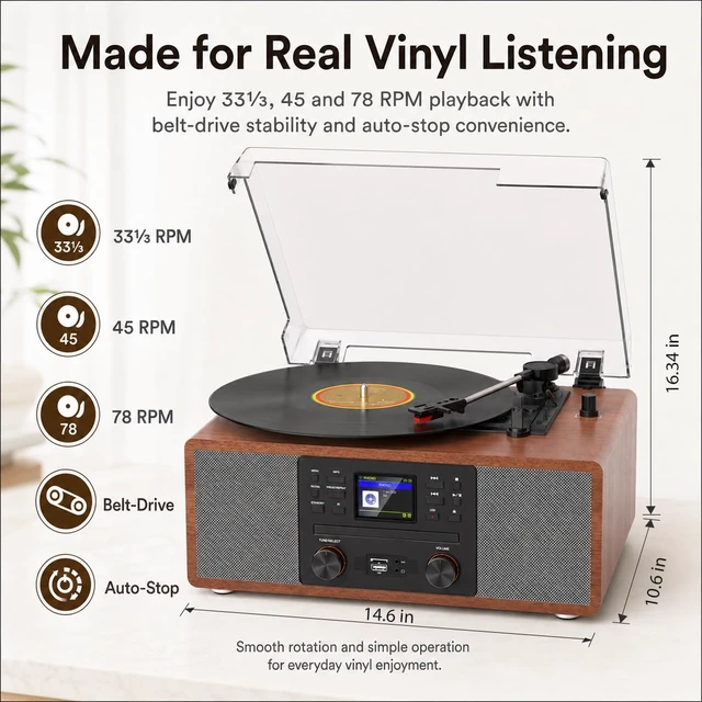 Alt view image 4 of 7 - All-in-One Record Player with CD Player, Internet Radio, Walnut 3-speed auto stop, Bluetooth in, USB/SD recording, RCA/AUX, pitch & bass/treble control, alarm, remote, décor gift for home